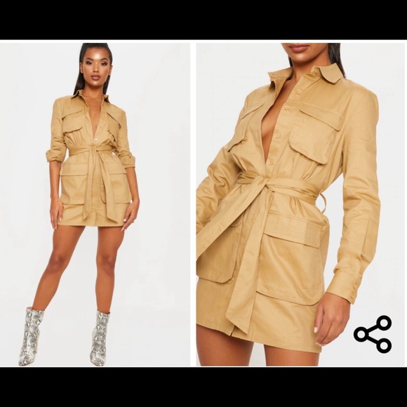 PrettyLittleThing Dresses & Skirts - CAMEL UTILITY TIE WAIST SHIRT DRESS